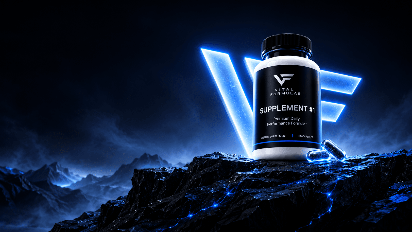 Vital Formulas Supplement #1 bottle on a mountain ridge